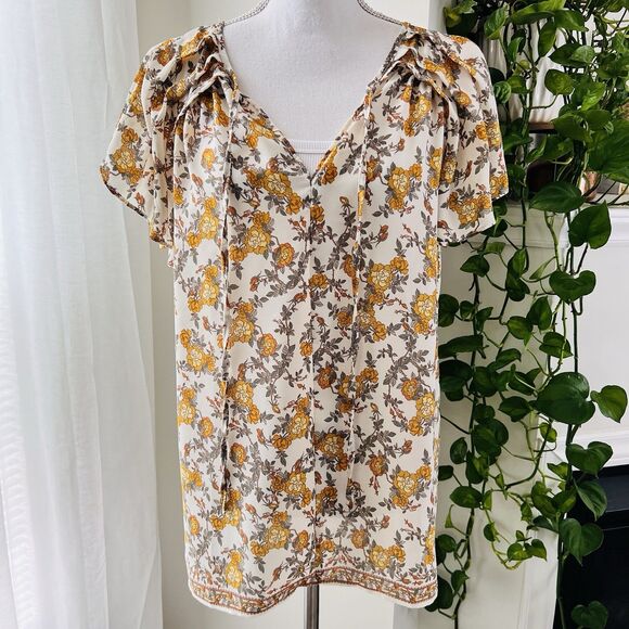 Max Studio Yellow & White Floral Chiffon Boho Retro Inspired Flowy Blouse Large - Picture 1 of 8